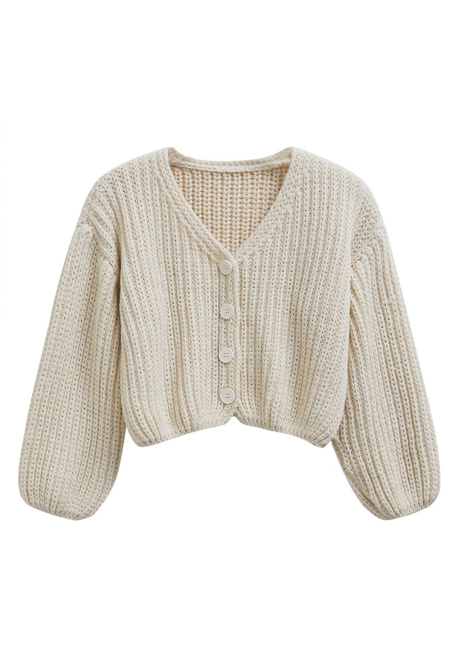 Hand-Knit Drop-Shoulder Buttoned Crop Cardigan in Ivory