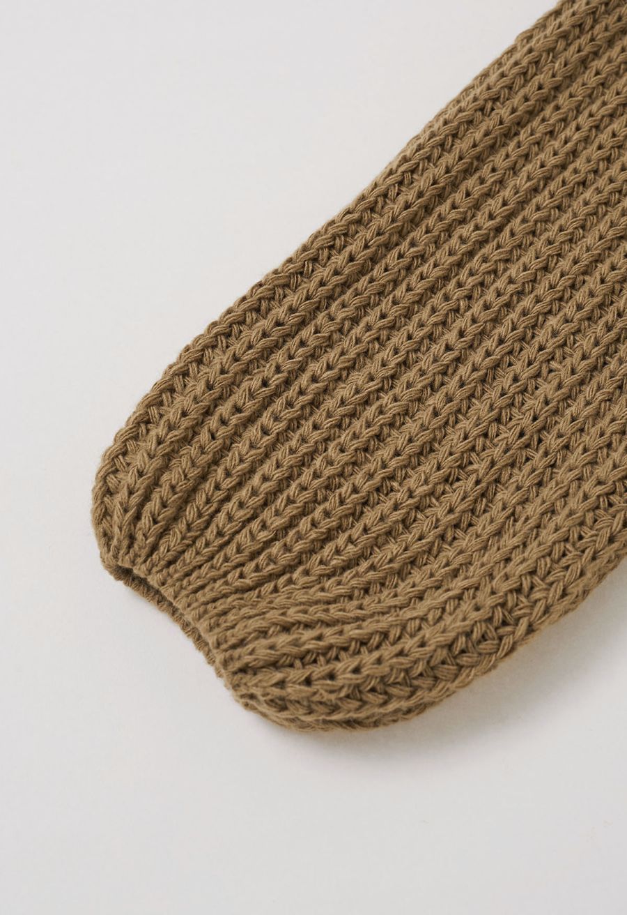 Hand-Knit Drop-Shoulder Buttoned Crop Cardigan in Khaki