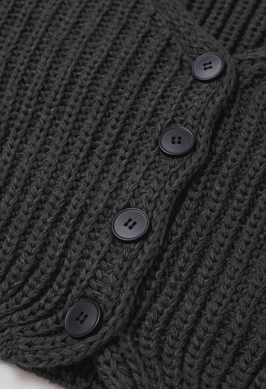 Hand-Knit Drop-Shoulder Buttoned Crop Cardigan in Smoke