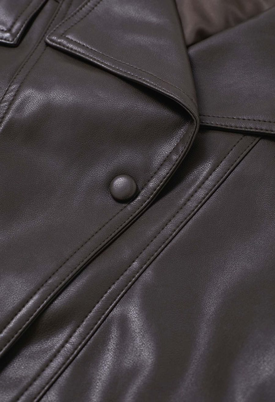 Faux Leather Fake Flap Pocket Stud Button Jacket in Brown