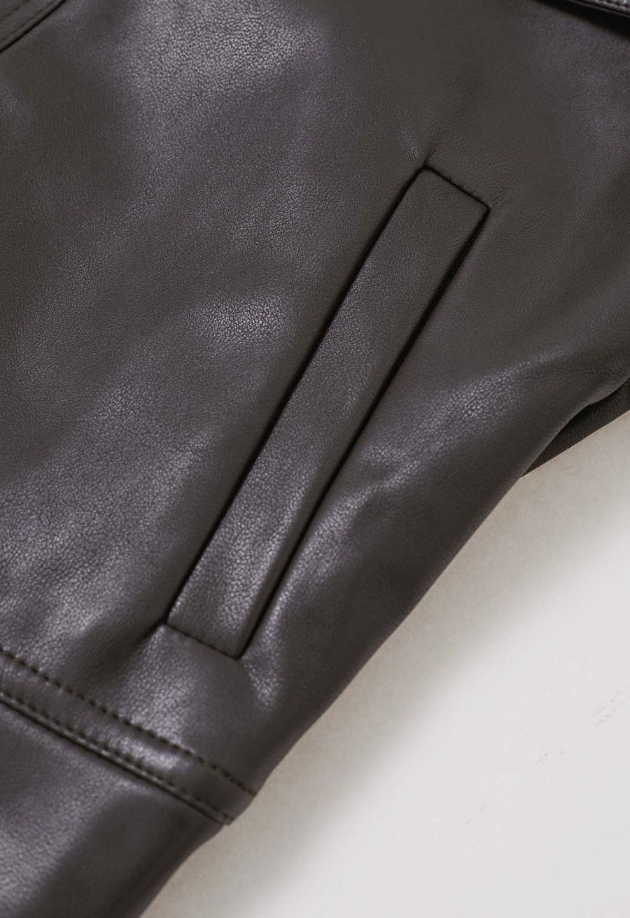 Faux Leather Fake Flap Pocket Stud Button Jacket in Brown