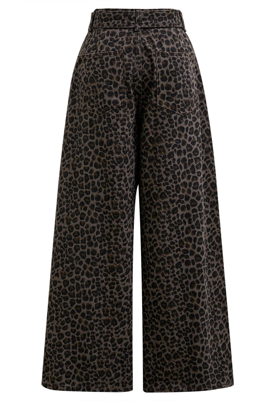 Classic Belted High-Waist Wide-Leg Jeans in Leopard Print
