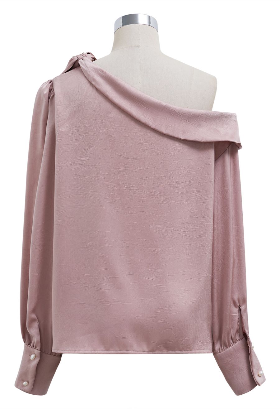 One-Shoulder Bowknot Flap Satin Top in Pink