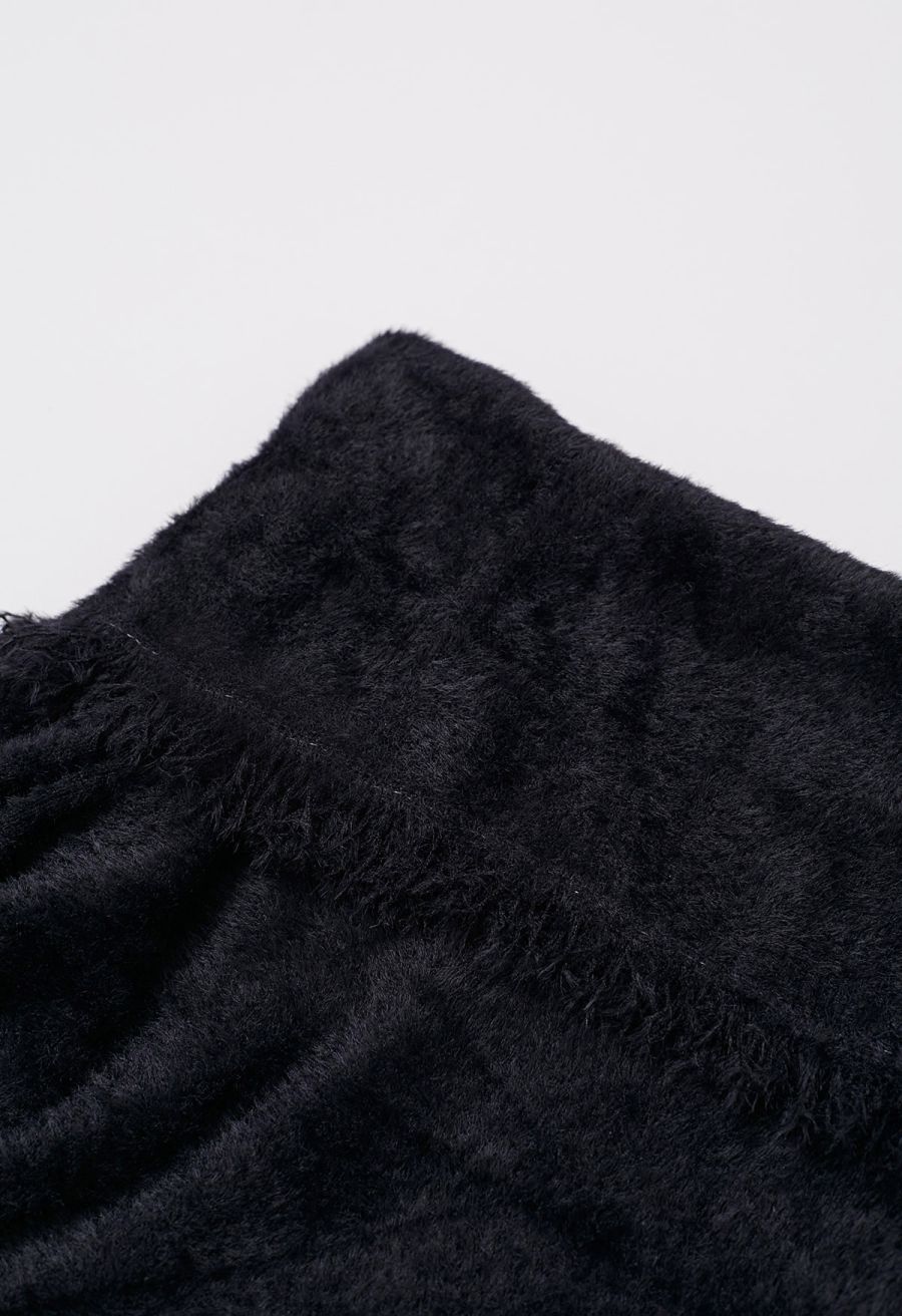 Tassel Folded Off-Shoulder Fuzzy Knit Top in Black