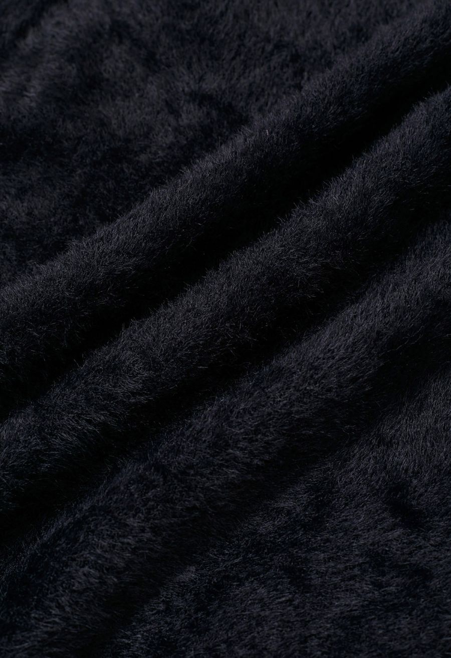 Tassel Folded Off-Shoulder Fuzzy Knit Top in Black
