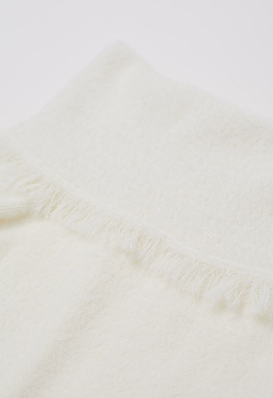 Tassel Folded Off-Shoulder Fuzzy Knit Top in Ivory