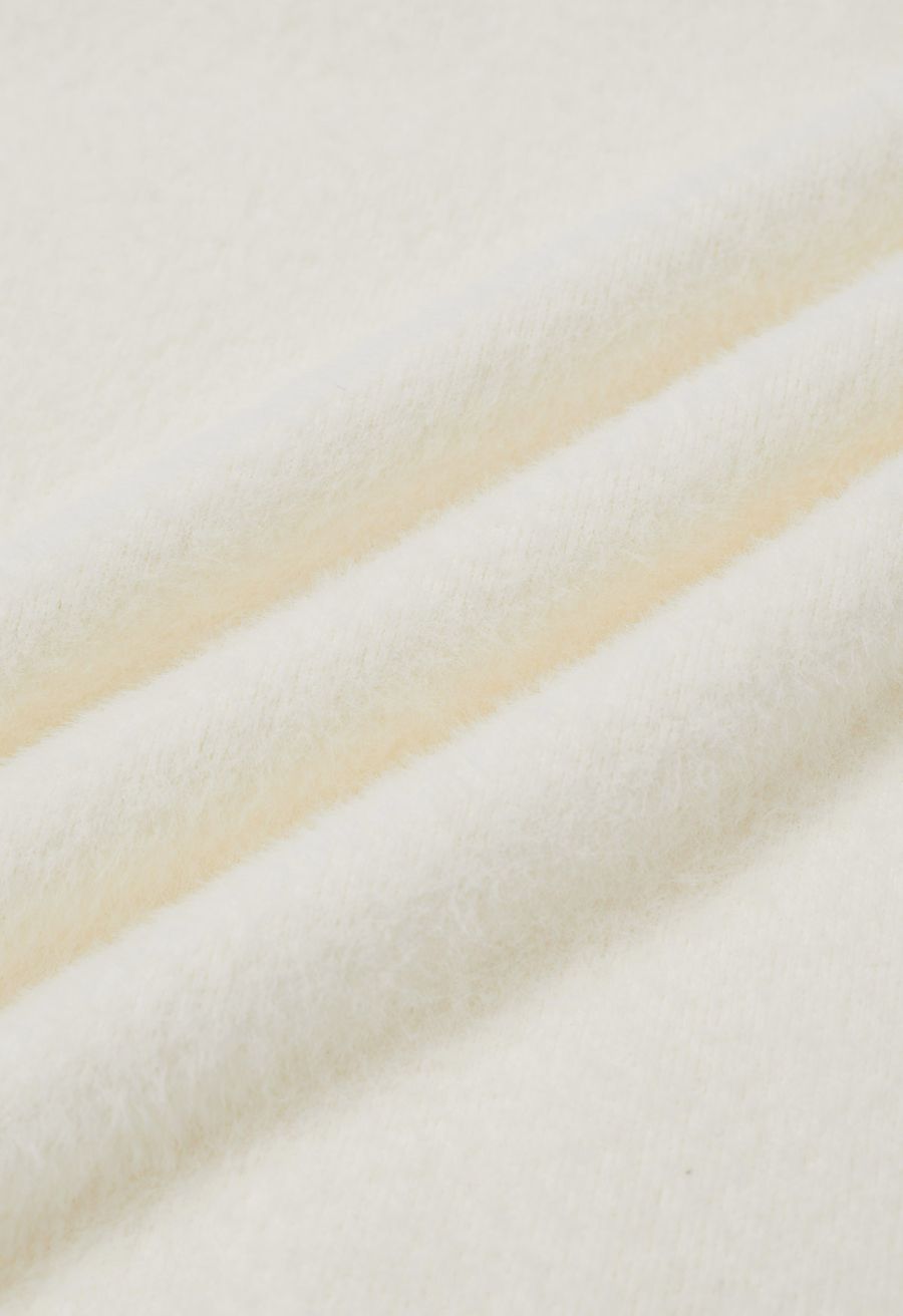 Tassel Folded Off-Shoulder Fuzzy Knit Top in Ivory