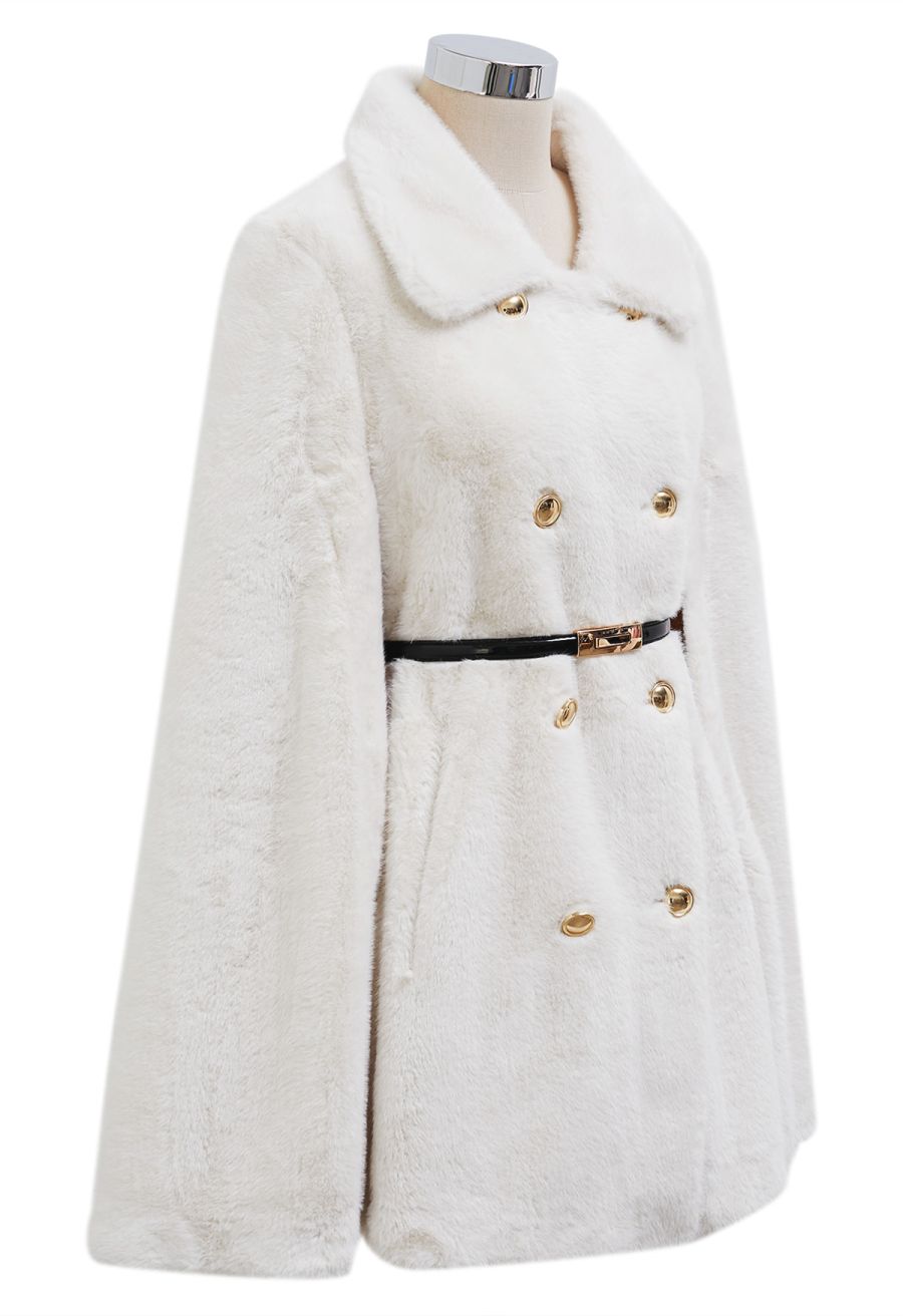 Collared Double-Breasted Faux Fur Cape Coat in Ivory