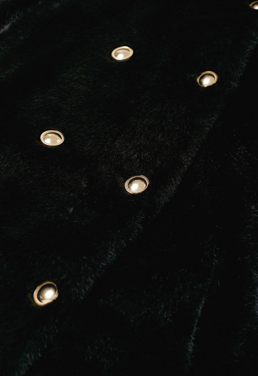Collared Double-Breasted Faux Fur Cape Coat in Black