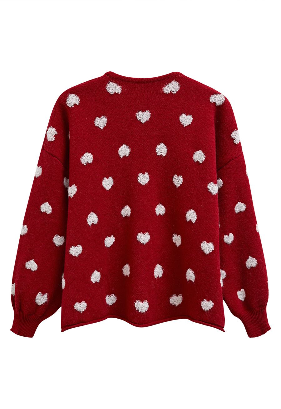 Fuzzy Heart Jacquard Knit Button Cardigan in Red