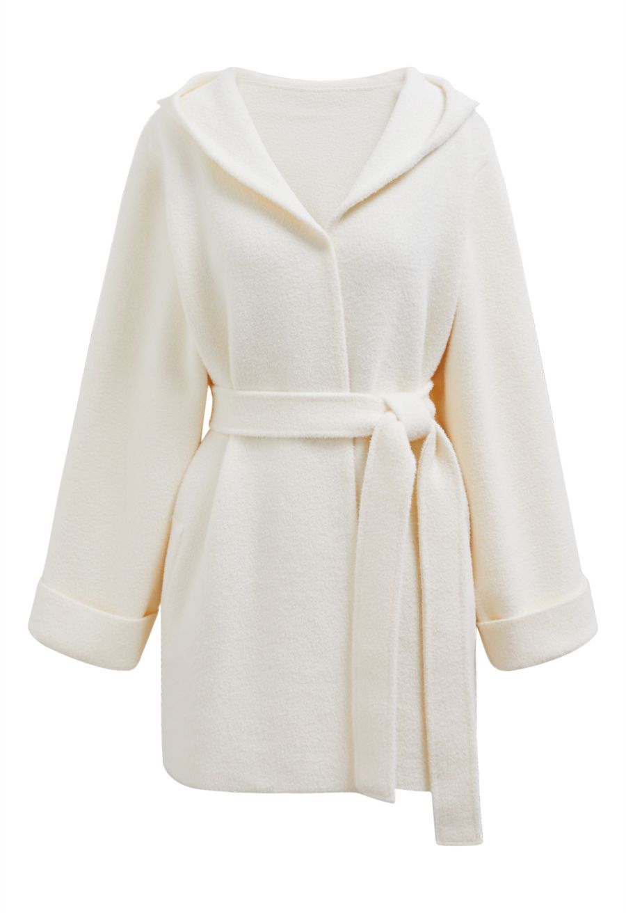 Tender Touch Belted Hooded Knit Coat in Ivory