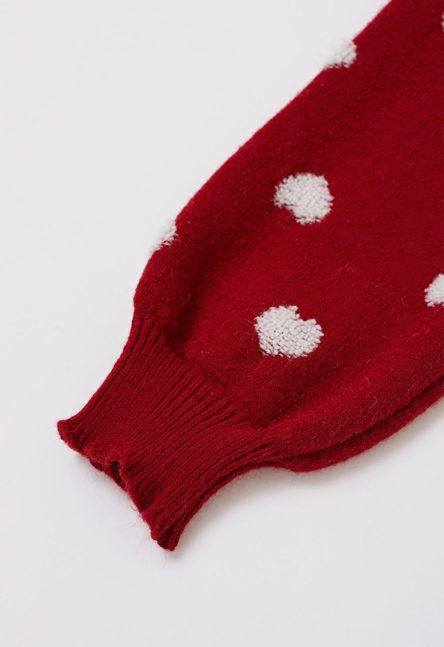 Fuzzy Heart Jacquard Knit Button Cardigan in Red