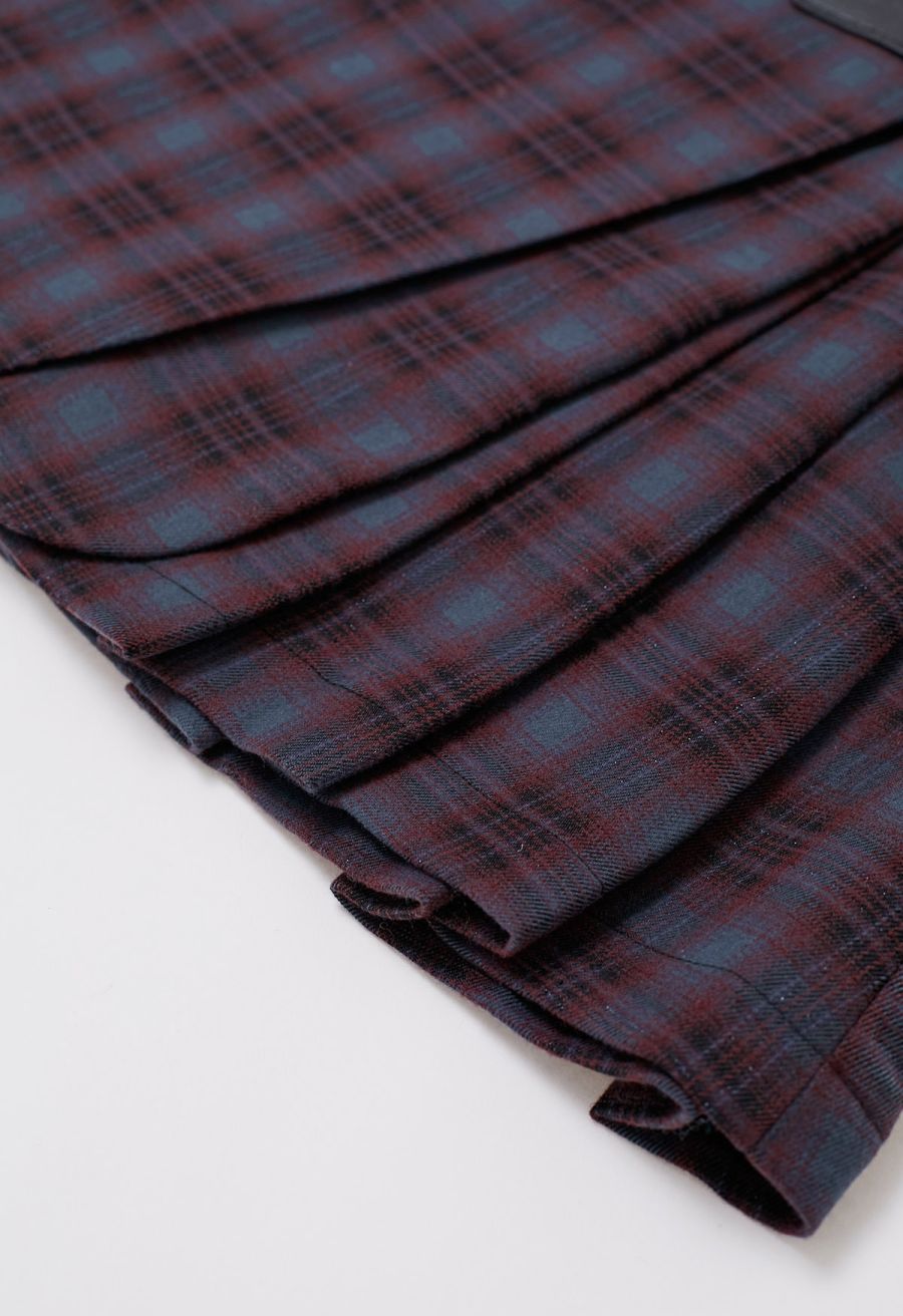 Double Flaps Plaid Belted Pleated Mini Skirt in Plum