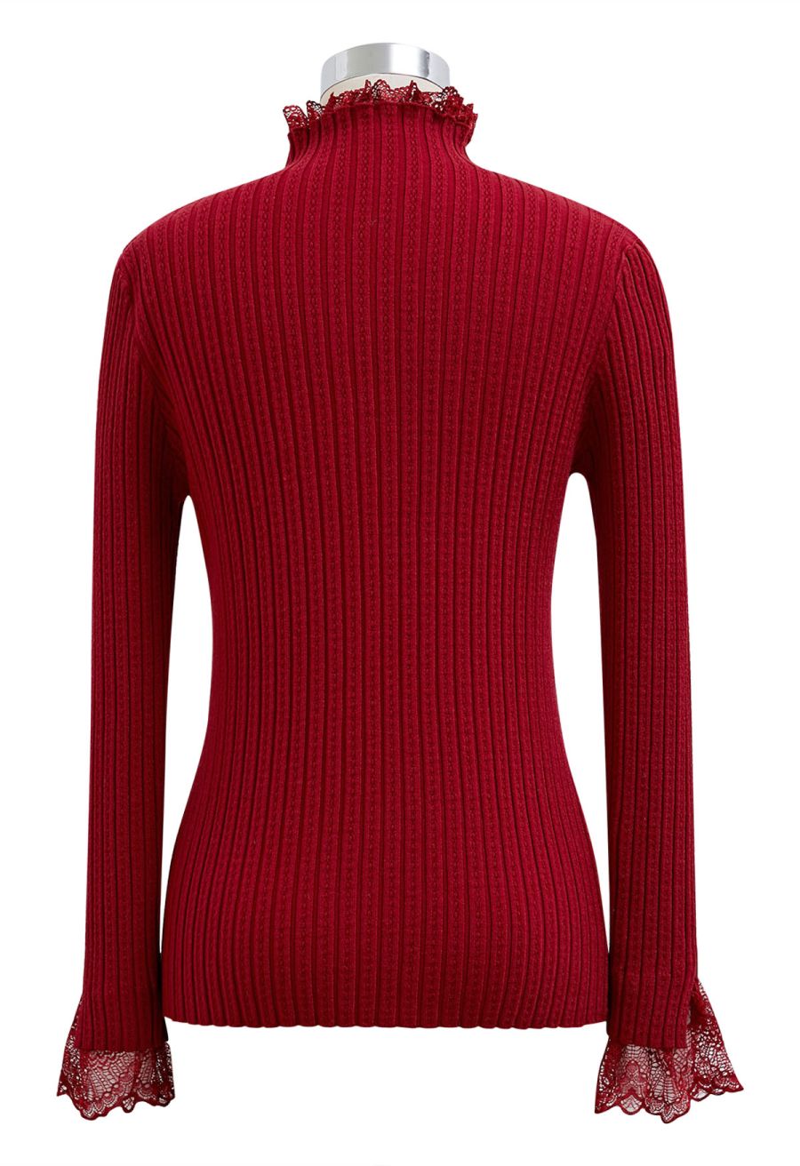 Lace Trim Mock Neck Ribbed Knit Top in Red