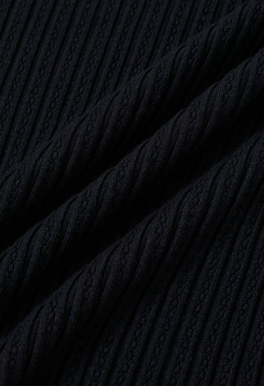 Lace Trim Mock Neck Ribbed Knit Top in Black