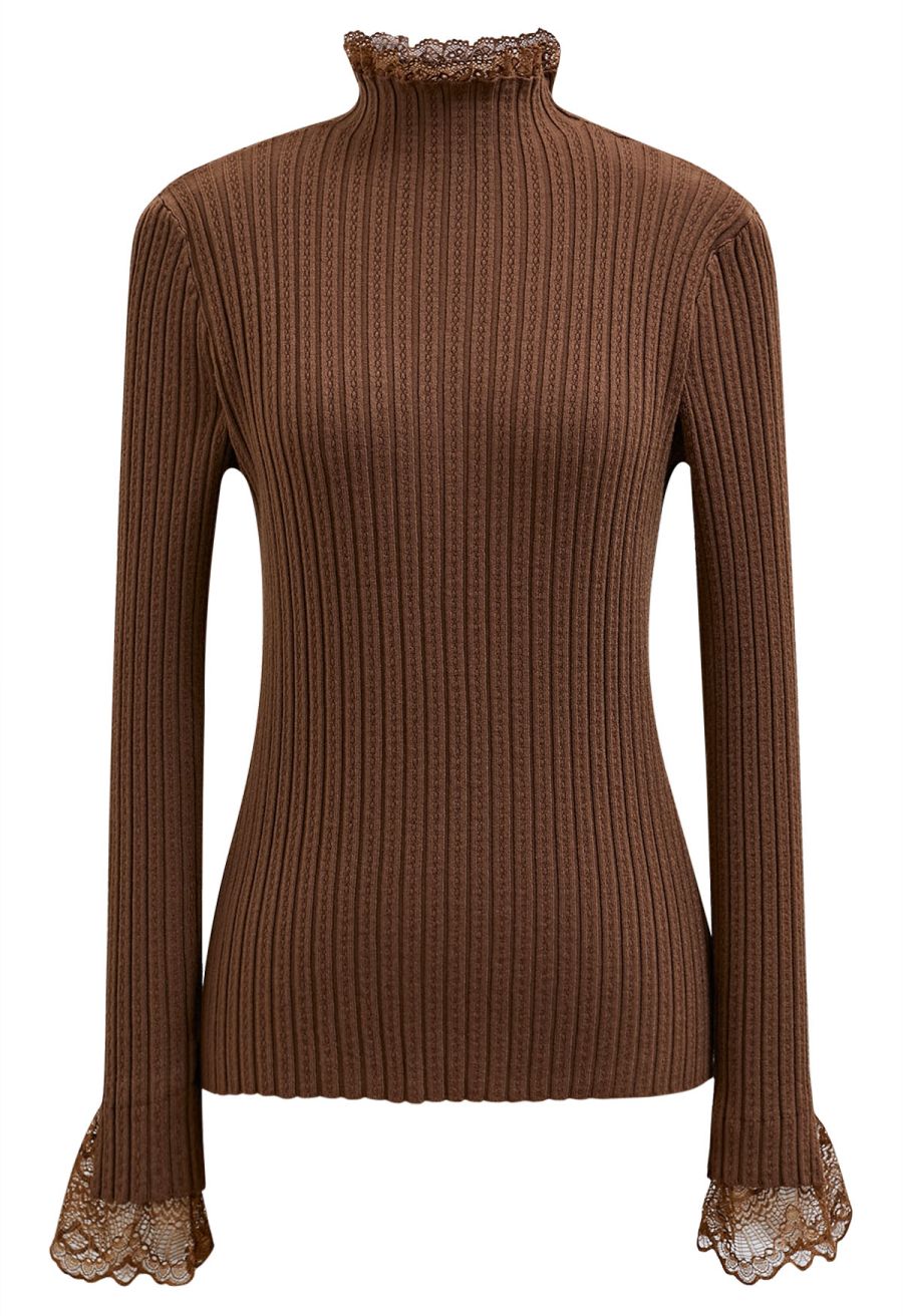 Lace Trim Mock Neck Ribbed Knit Top in Brown