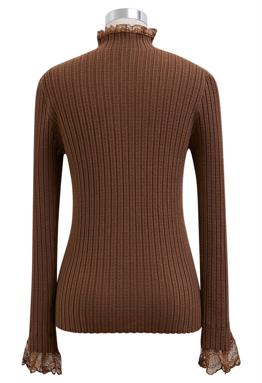 Lace Trim Mock Neck Ribbed Knit Top in Brown