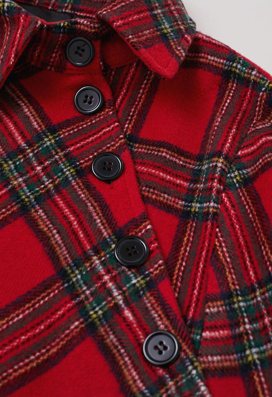 Button Wrap Tie Sash Tartan Cape Coat in Red