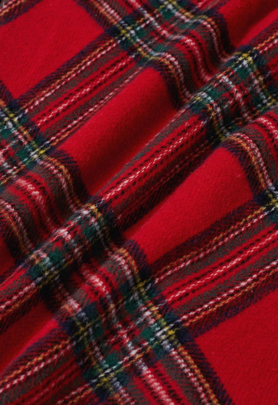 Button Wrap Tie Sash Tartan Cape Coat in Red