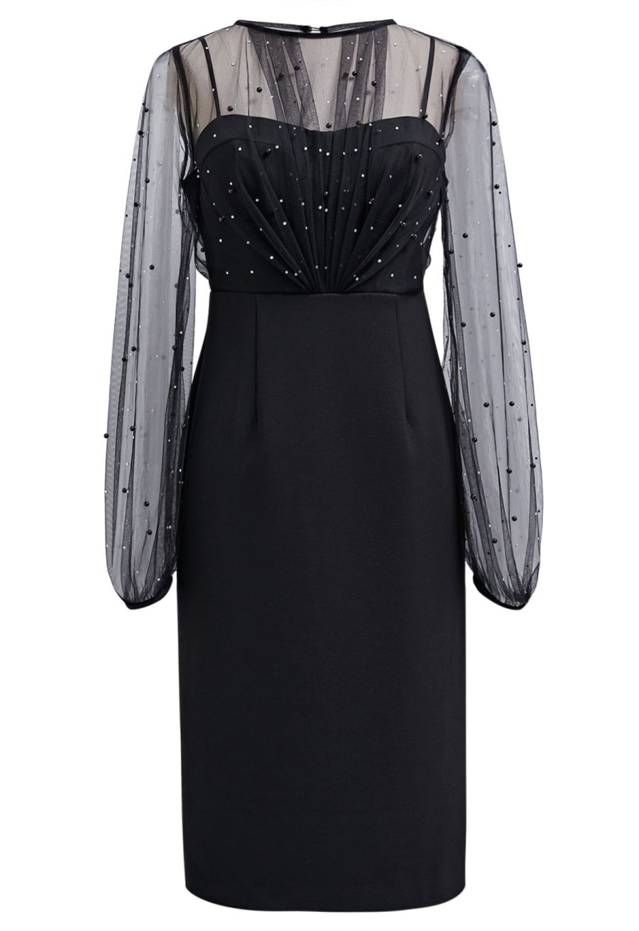 Glamorous Pearl Decor Mesh Spliced Midi Dress in Black