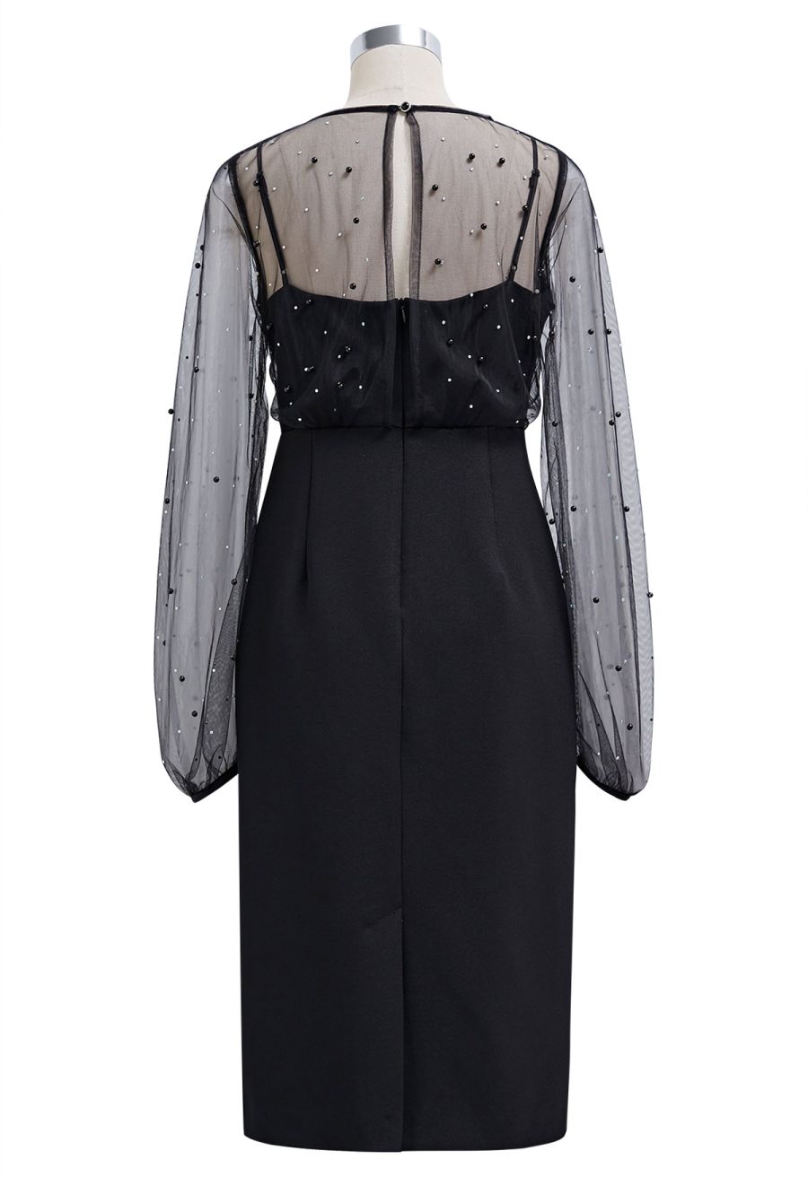 Glamorous Pearl Decor Mesh Spliced Midi Dress in Black