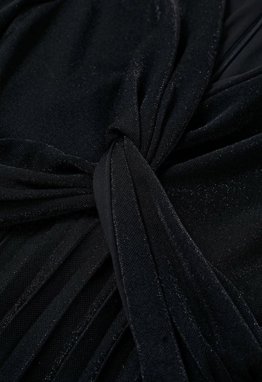 Glistening Twisted Front Pleated Maxi Dress in Black