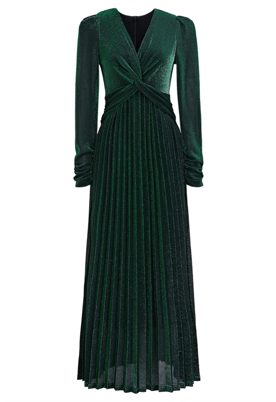 Glistening Twisted Front Pleated Maxi Dress in Emerald