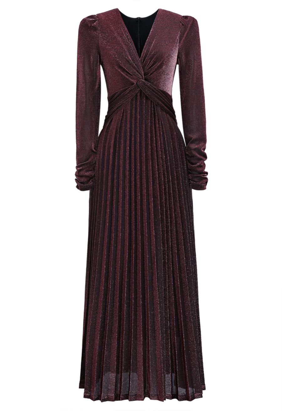 Glistening Twisted Front Pleated Maxi Dress in Burgundy