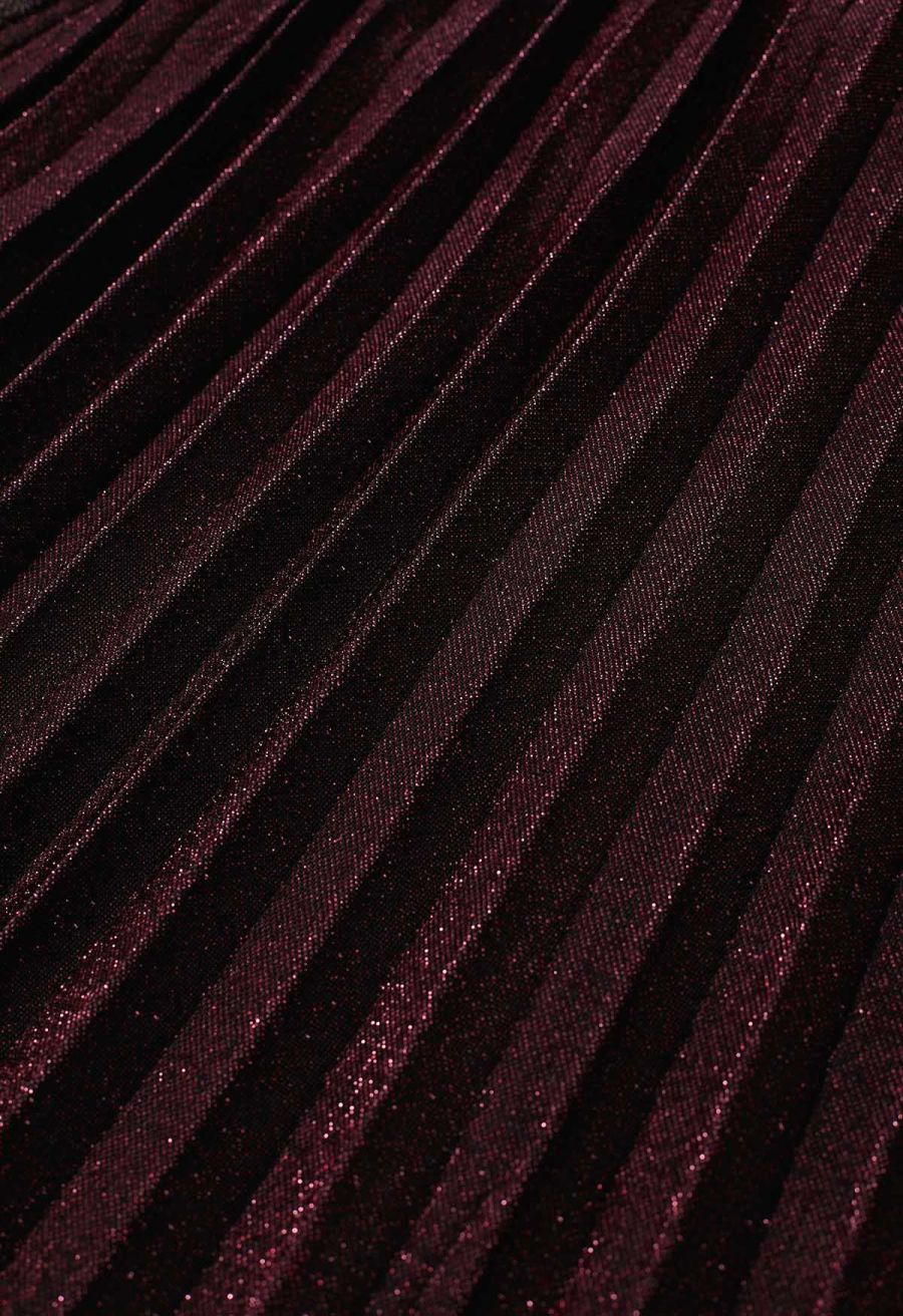 Glistening Twisted Front Pleated Maxi Dress in Burgundy