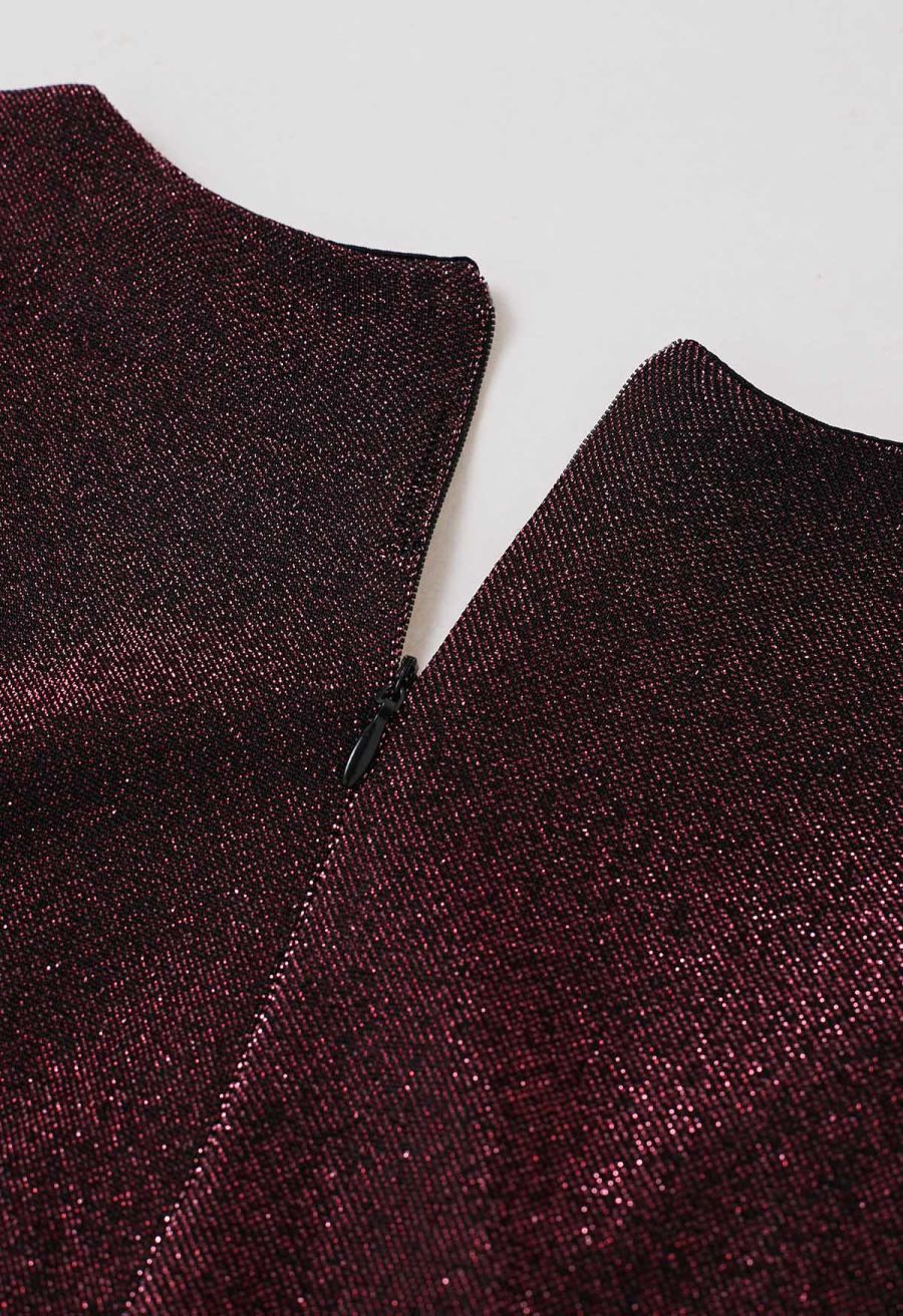 Glistening Twisted Front Pleated Maxi Dress in Burgundy