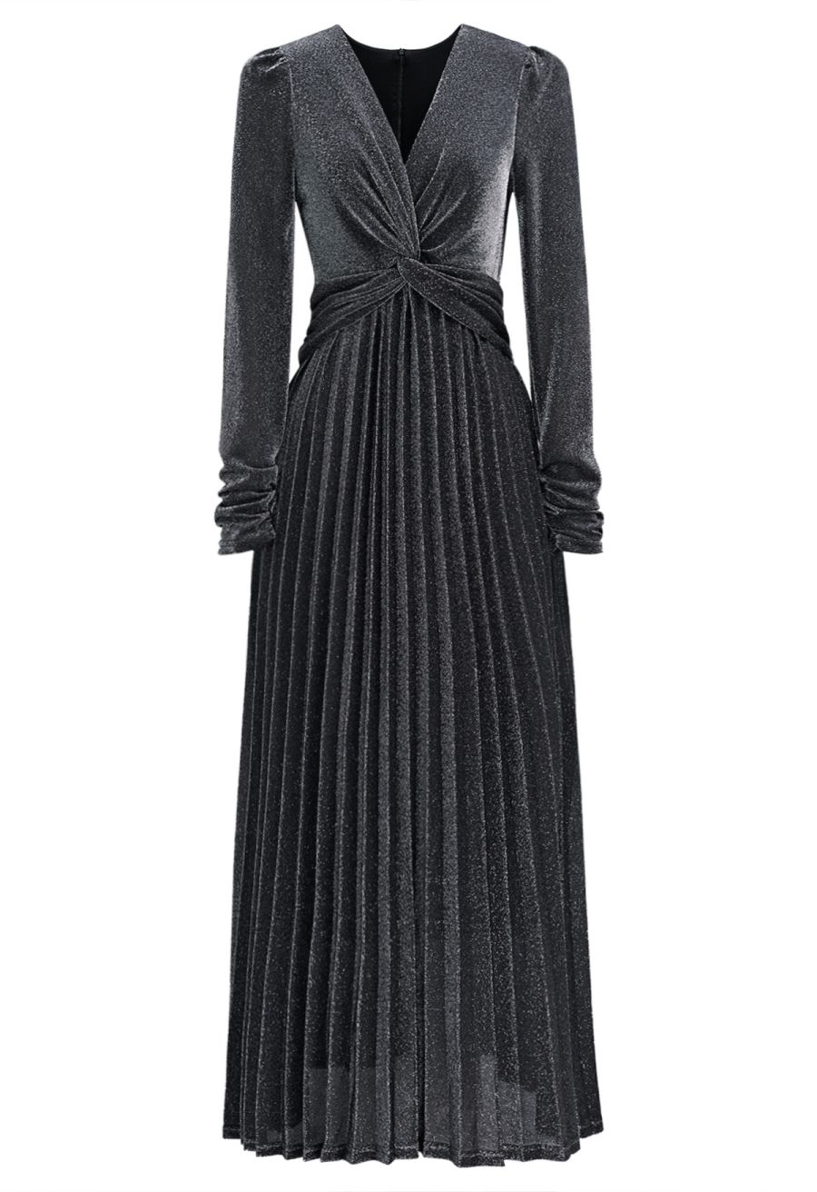 Glistening Twisted Front Pleated Maxi Dress in Smoke