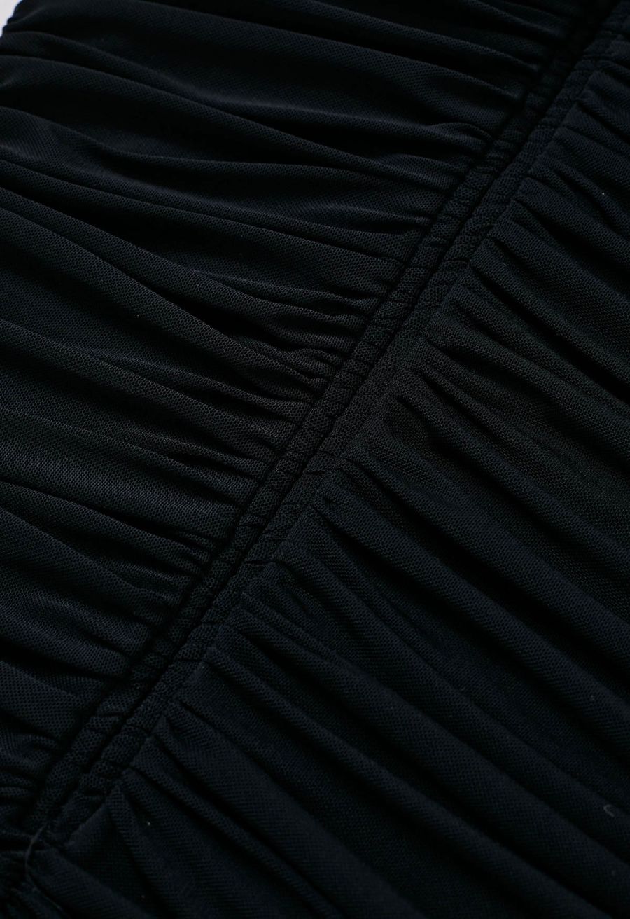 Illusion Black Ruched Sheer Sleeve Mini Dress