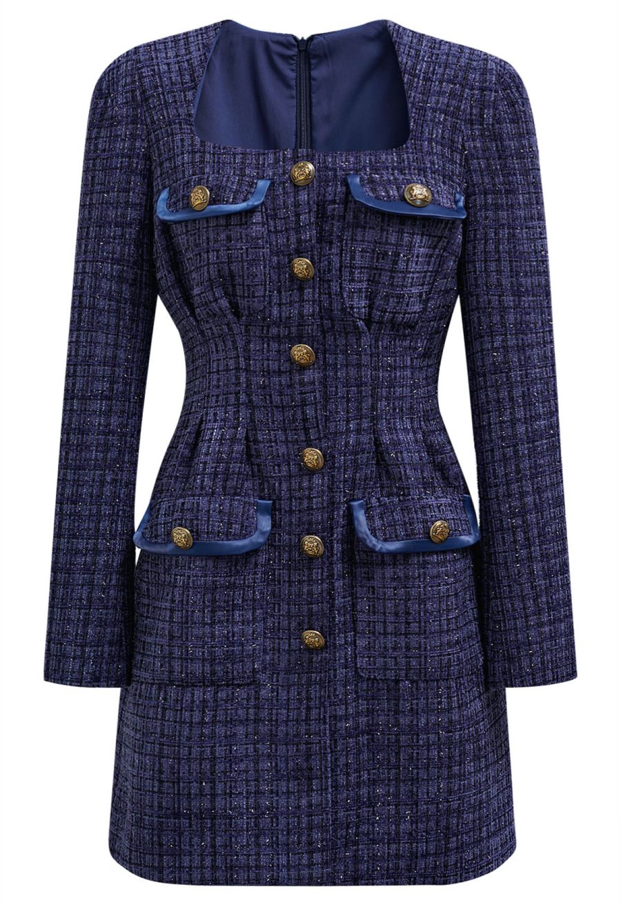 Polished Button Flap Pocket Tweed Mini Dress