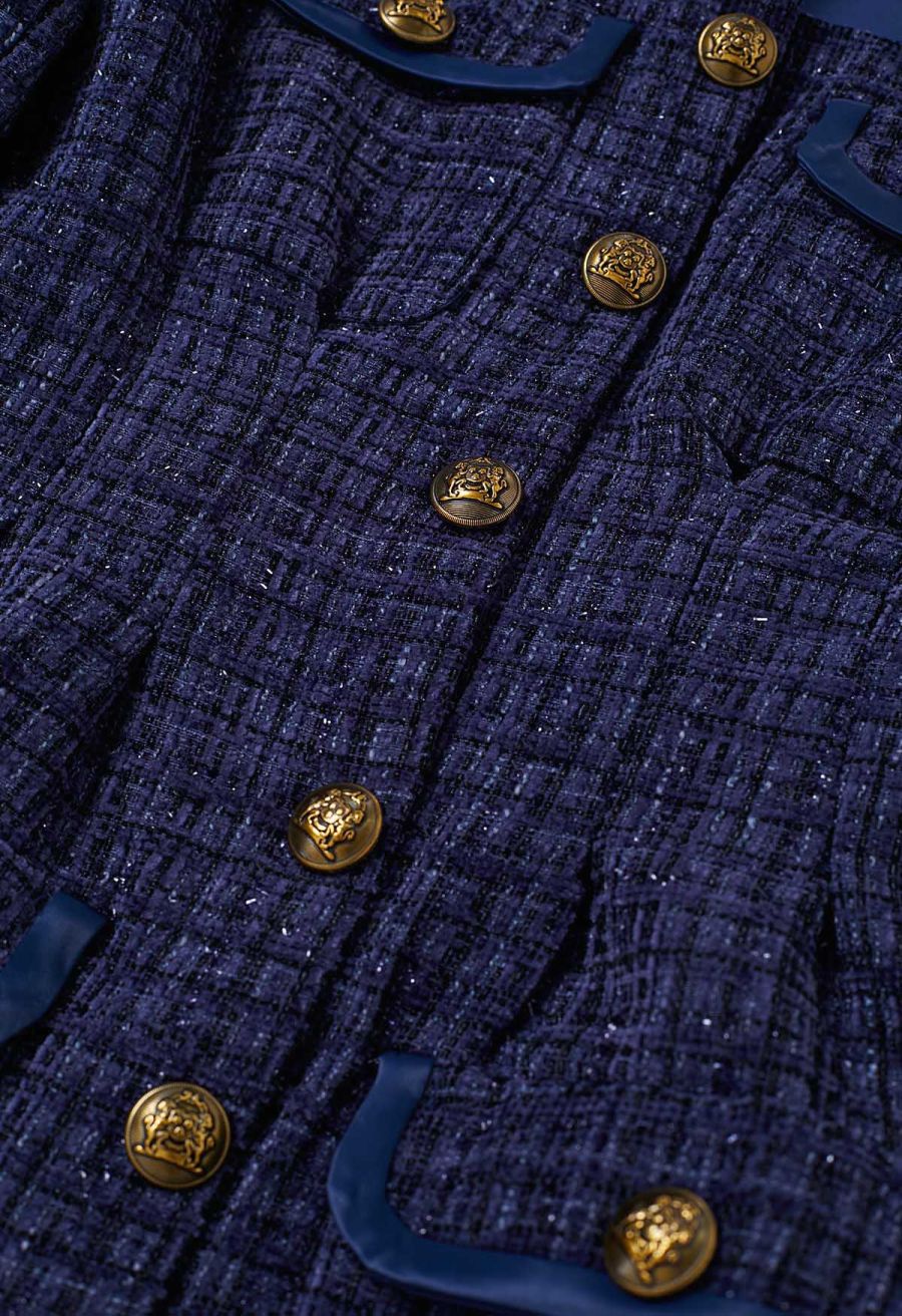 Polished Button Flap Pocket Tweed Mini Dress