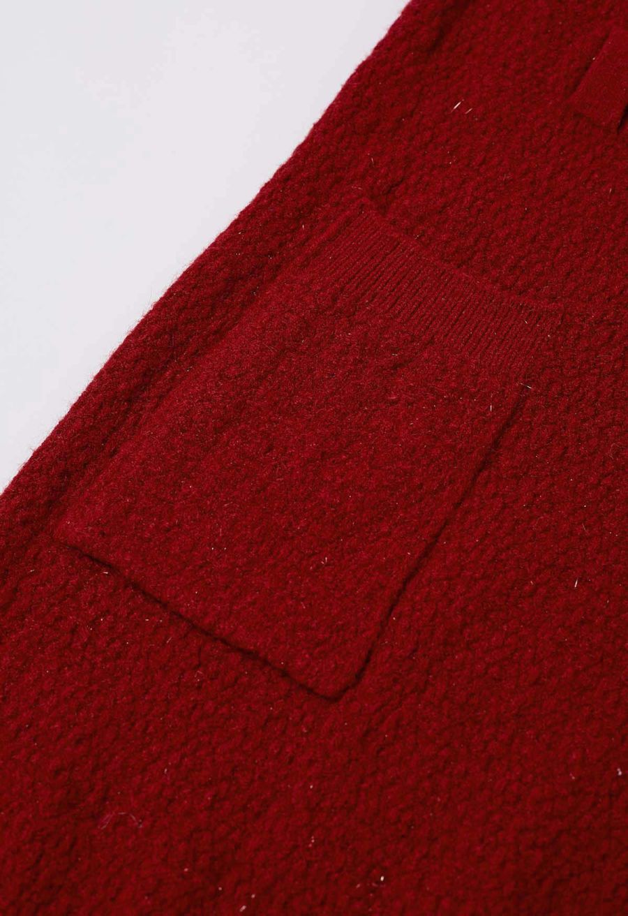 Patch Pocket Belted Mini Sweater Dress in Red