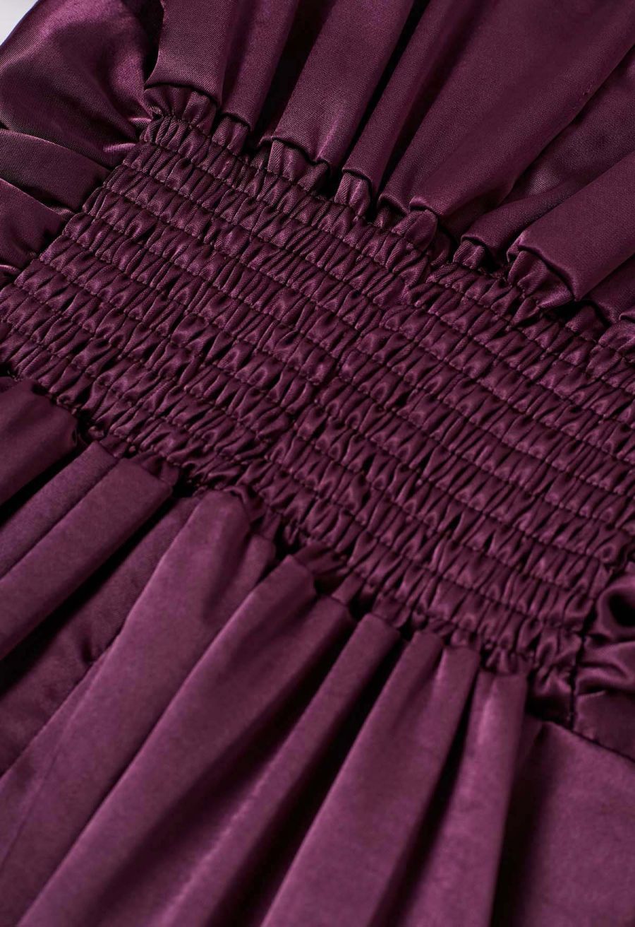Lace Trim Ruched High Waist Satin Midi Dress in Plum
