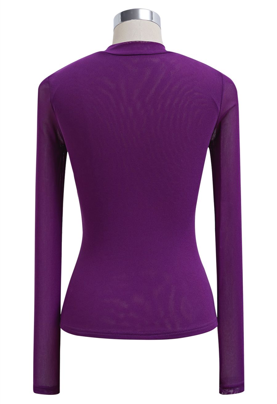 Twist Front Double-Layered Mesh Mock Neck Top in Purple