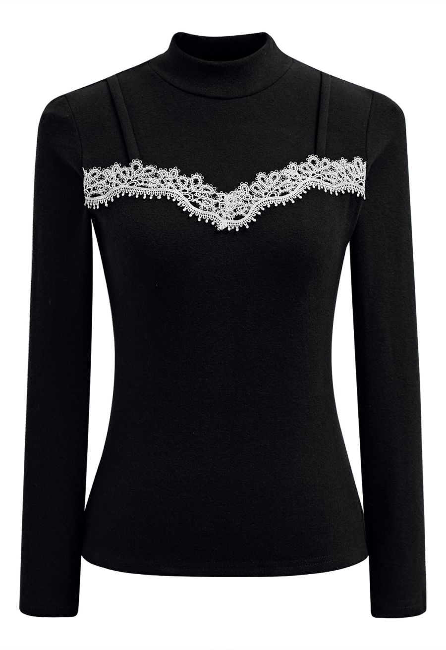 Tender Touch Crochet Trim Mock Neck Top in Black
