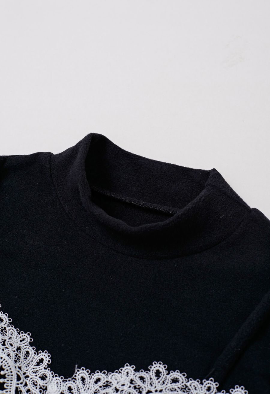 Tender Touch Crochet Trim Mock Neck Top in Black