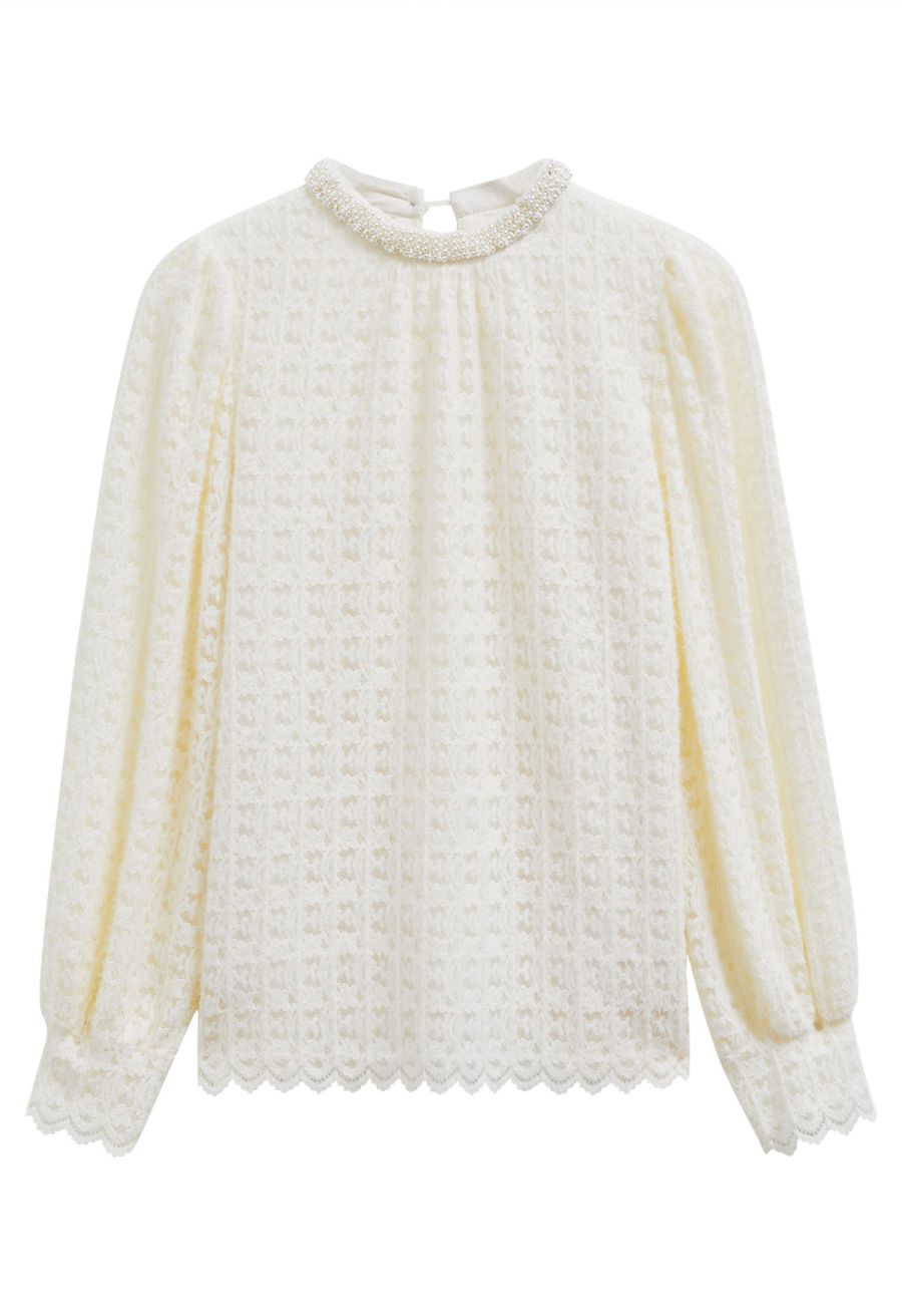 Fuzzy Floral Lace Cutwork Pearl Neckline Top