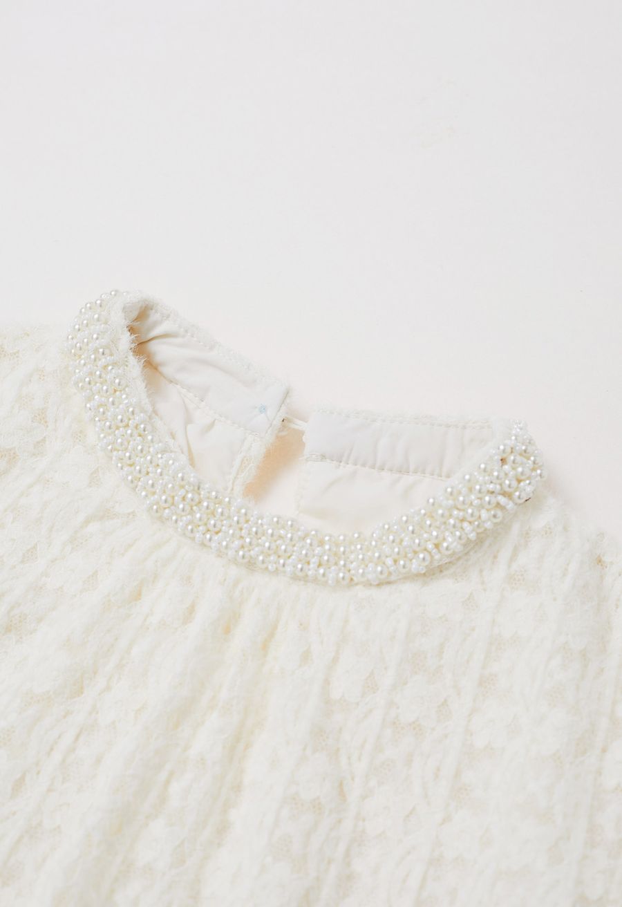 Fuzzy Floral Lace Cutwork Pearl Neckline Top