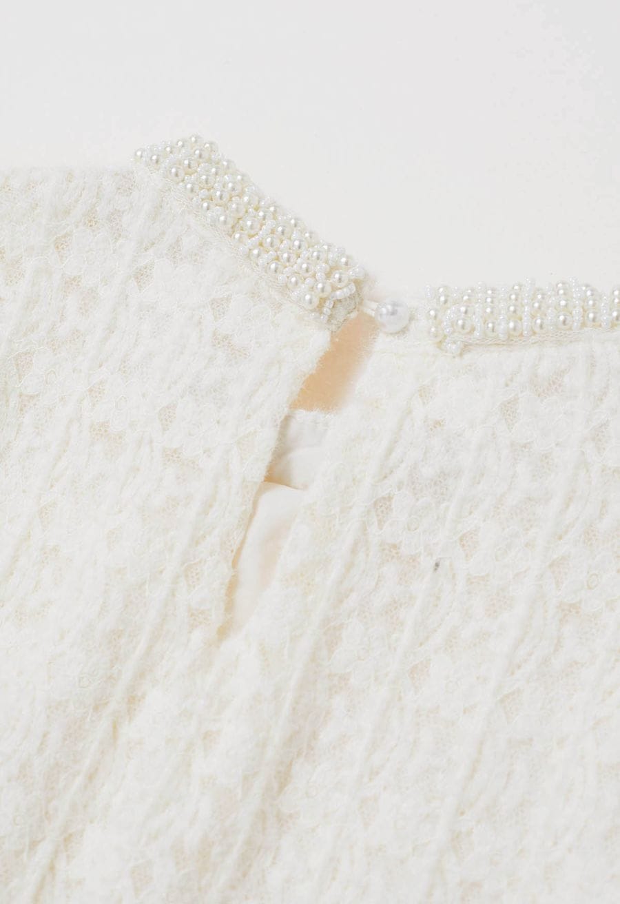 Fuzzy Floral Lace Cutwork Pearl Neckline Top