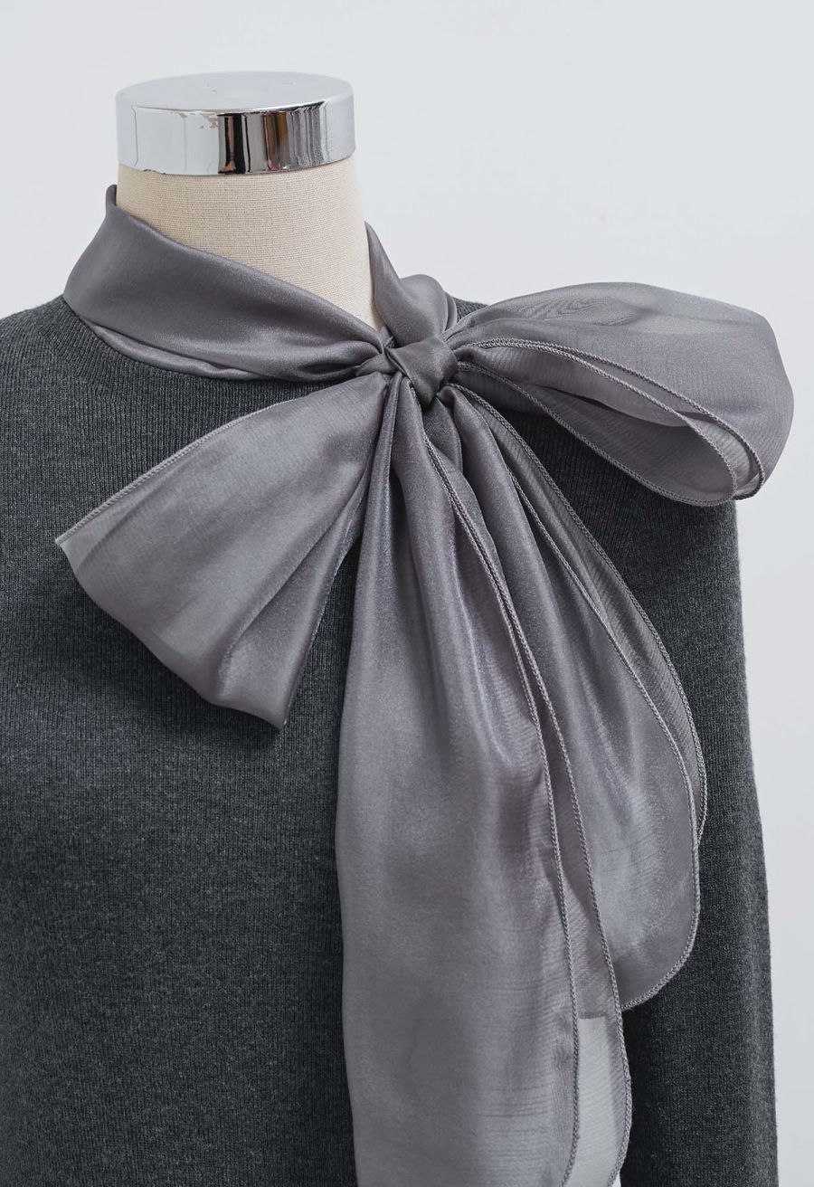 Organza Bowknot Neckline Knit Top in Smoke