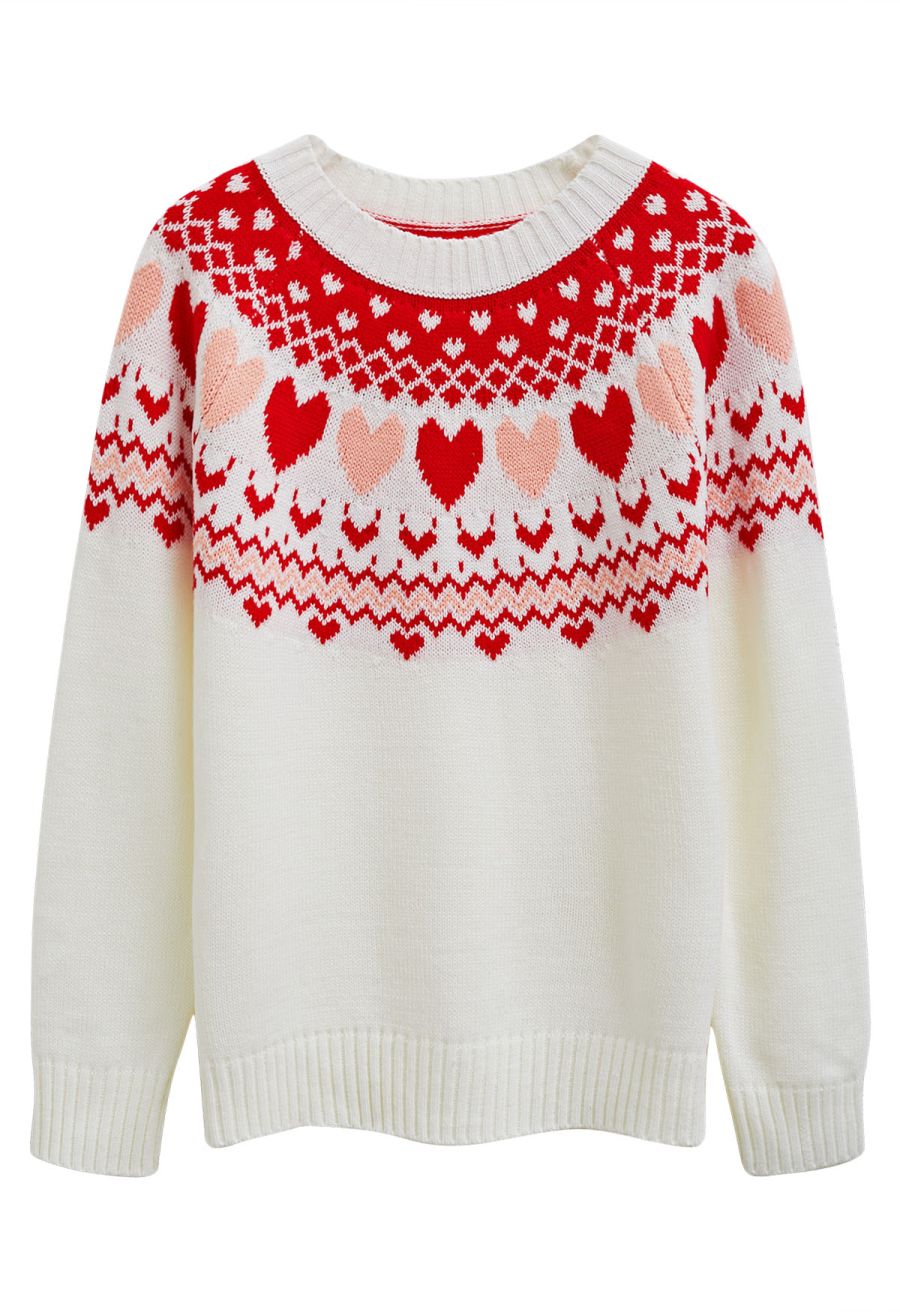Lovely Heart Fair Isle Knit Sweater 