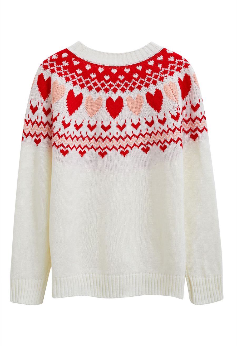 Lovely Heart Fair Isle Knit Sweater 