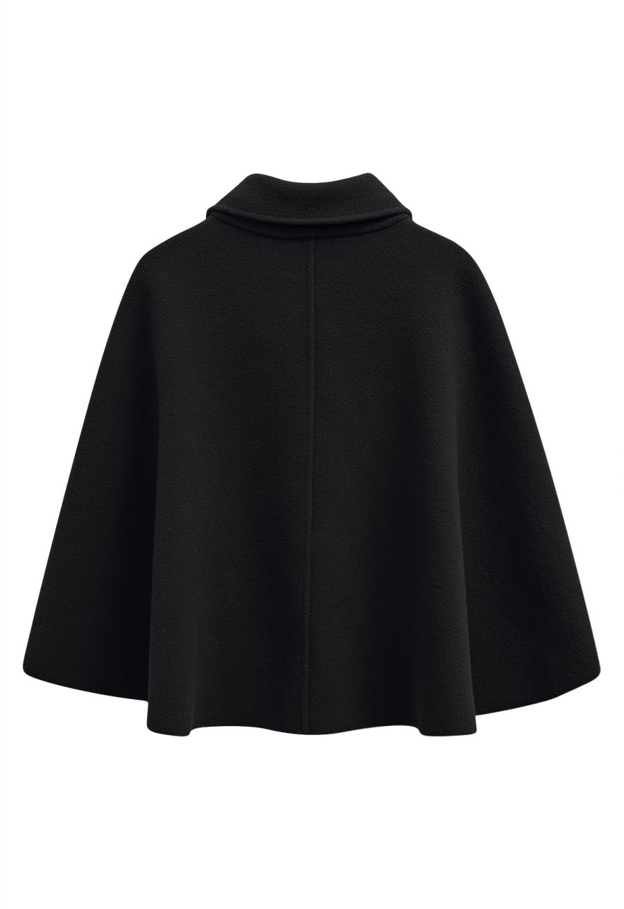 Golden Button Wrapped Knit Cape in Black
