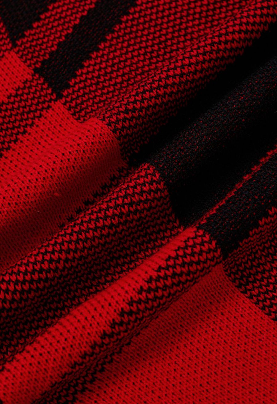 Festive Plaid Turtleneck Knit Poncho in Red