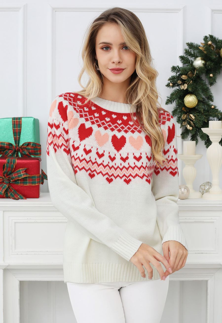 Lovely Heart Fair Isle Knit Sweater 