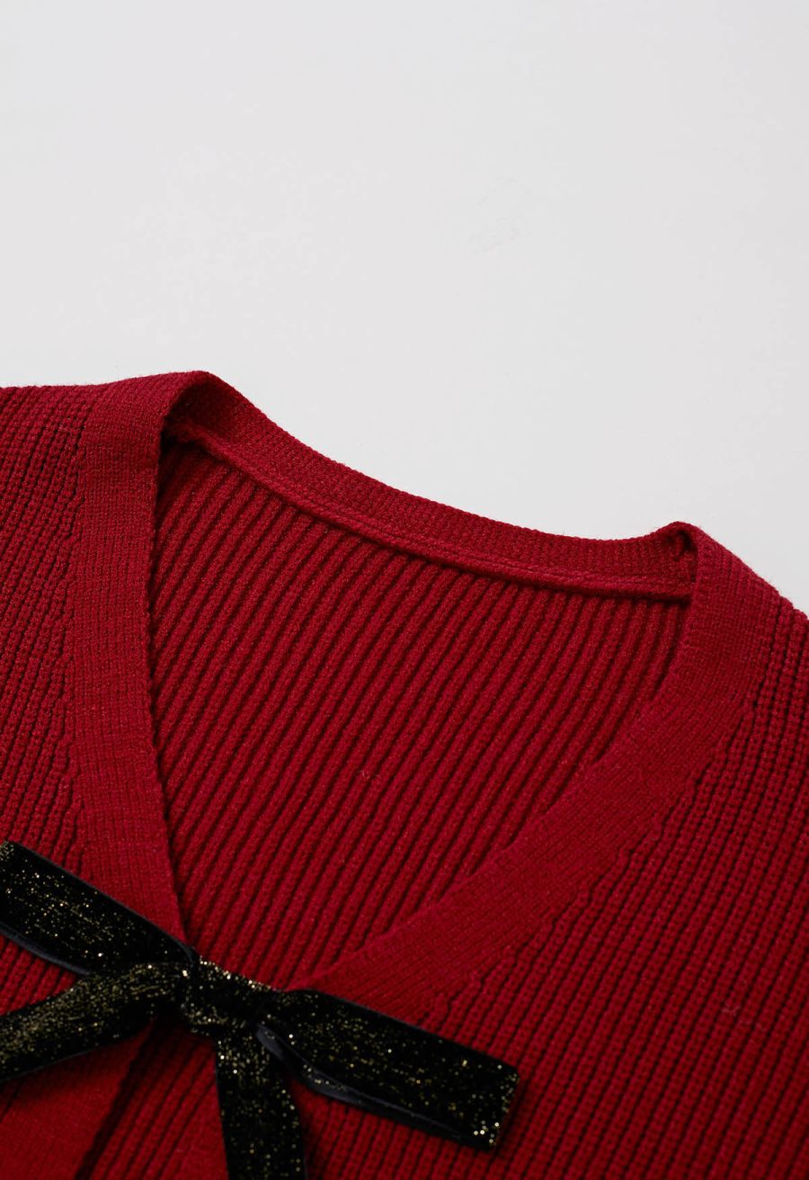 Shimmery Velvet Tie Front Crop Knit Cardigan in Red