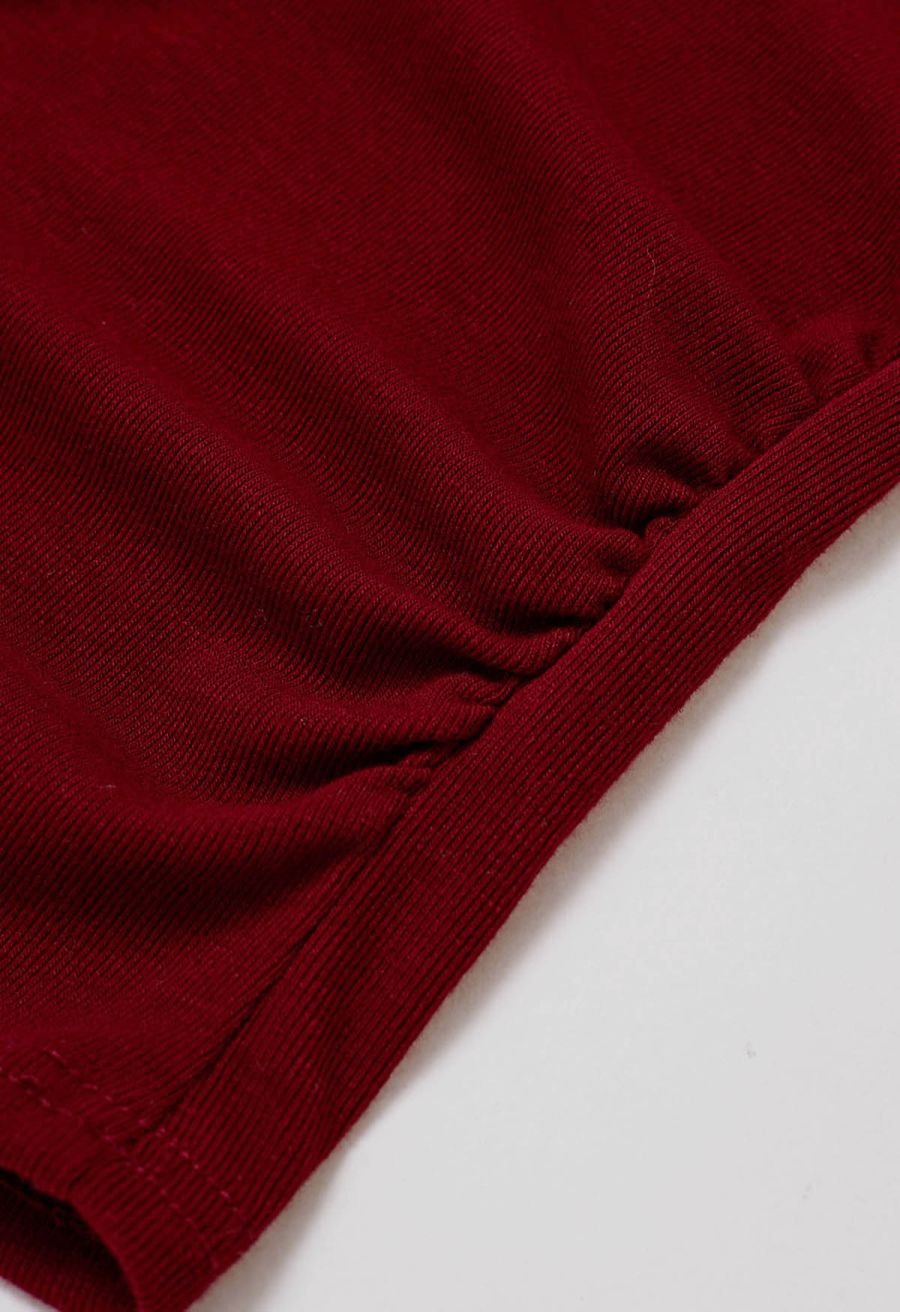 Side Bowknot Spliced Ruffle Cuff Top in Red